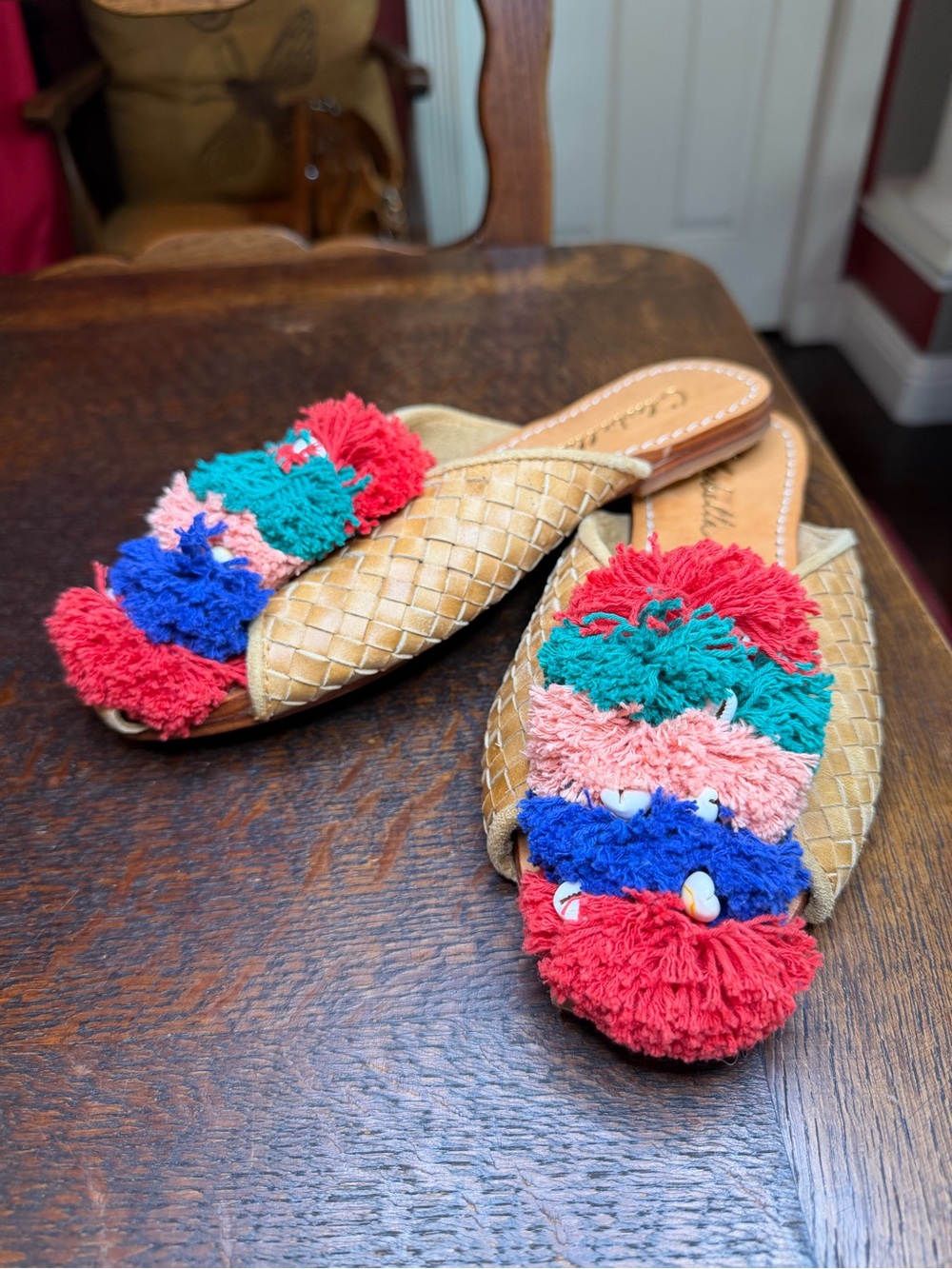 Cleobella Woven Leather Pom Pom Mules | Size 38